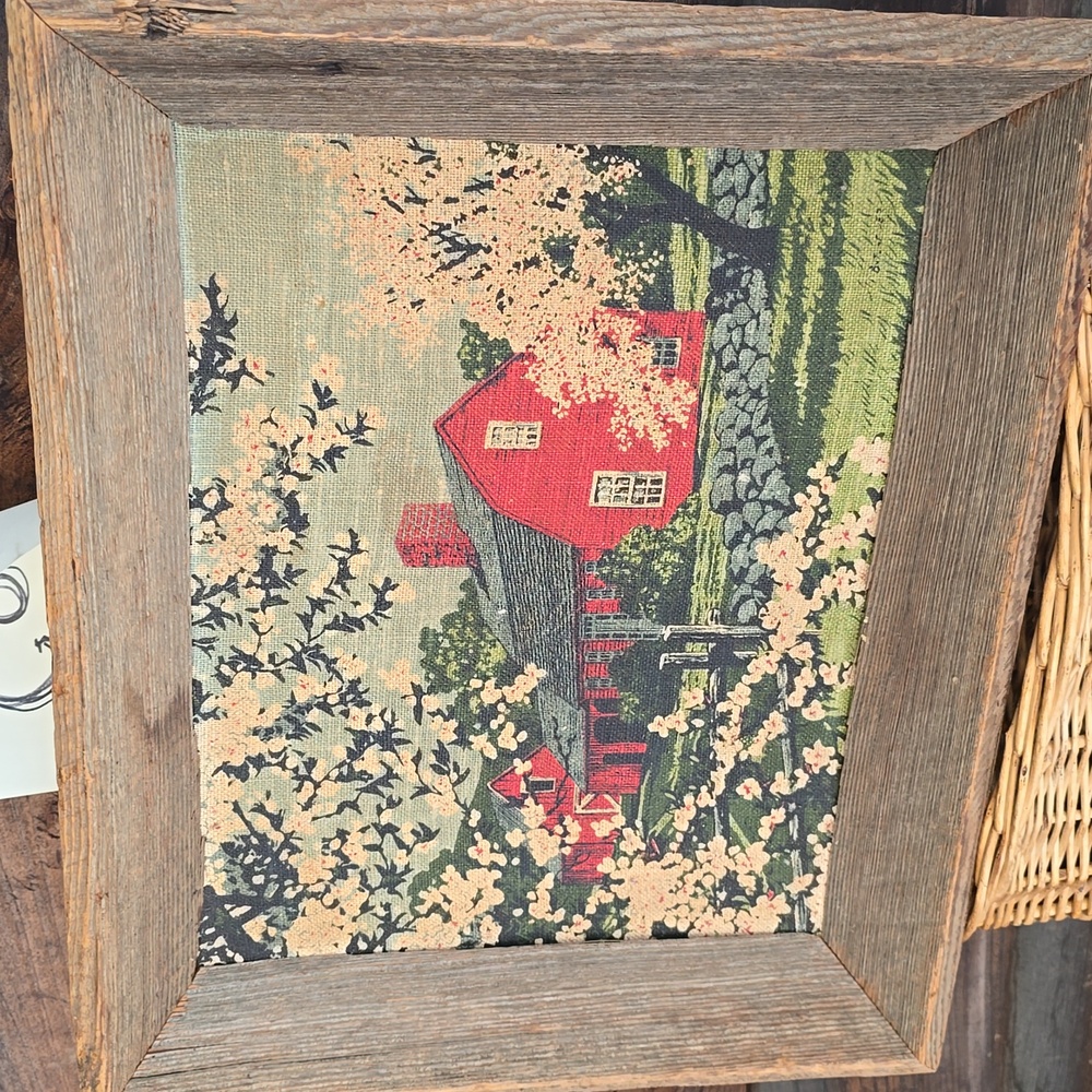 Vintage 1974 Wood Framed 100% Linen Farmhouse Barn Art By Kay Dee Handprints